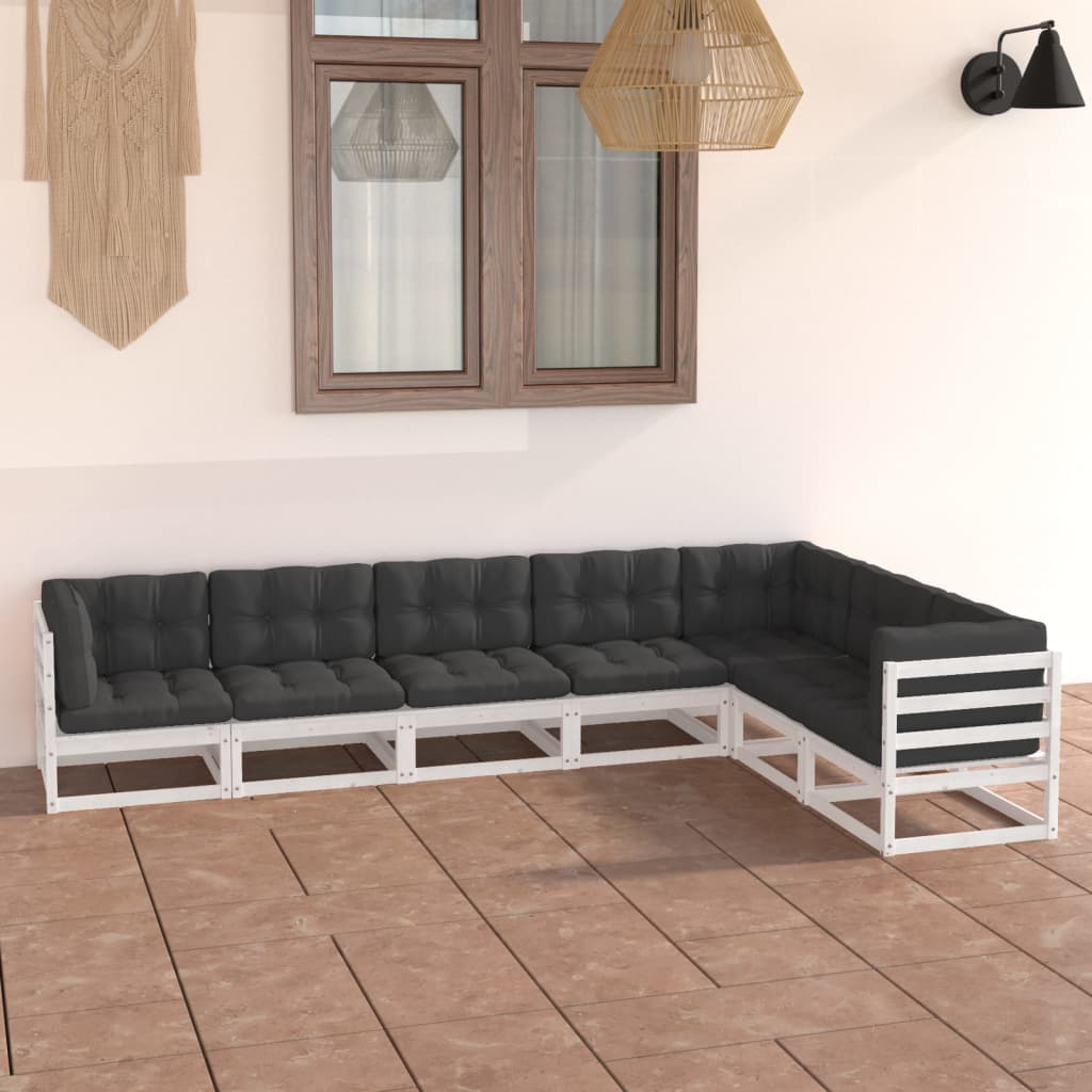 7-tlg. Garten-Lounge-Set mit Kissen Weiss Kiefer Massivholz